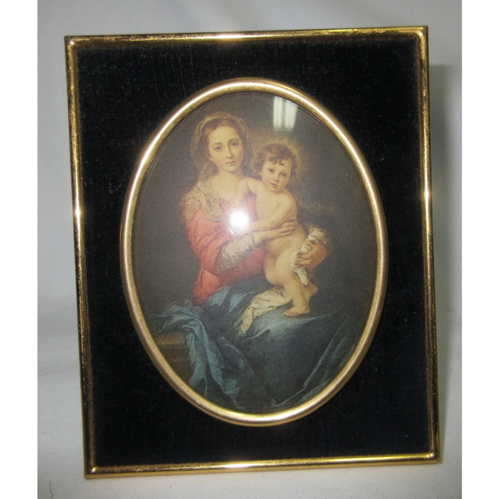 Murillo Madonna and Child Miniature in Black Velvet Italian Oval Frame 5.5 x 4.7